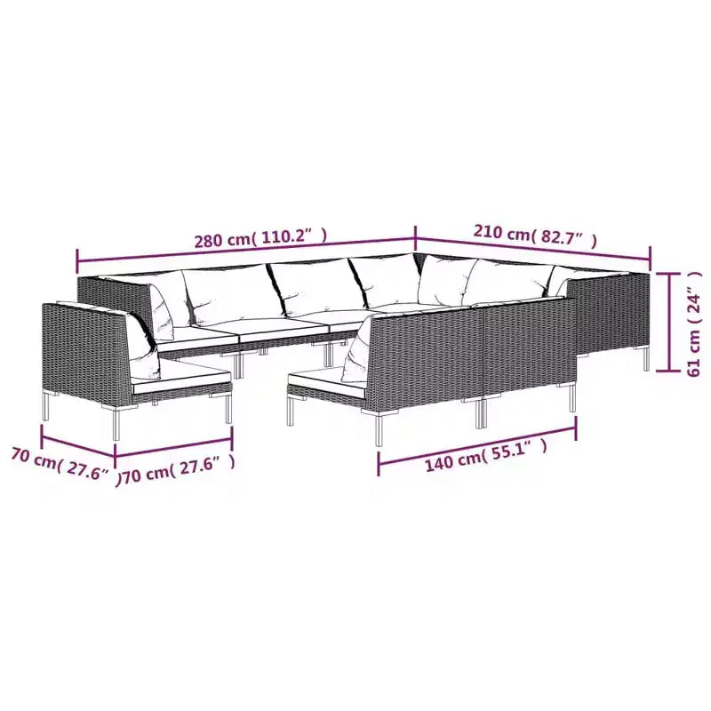 vidaXL Salon de jardin - 9 pièces - Canapé d'angle d'extérieur - Rotin synthétique gris foncé - Résistant aux intempéries - Sièges rembourrés et coussins