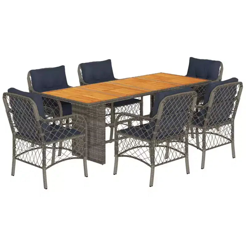 vidaXL 7-Piece Patio Dining Set with Cushions - Poly Rattan, Gray & Navy Blue, Weather-Resistant, Comfortable, Cleans Easy