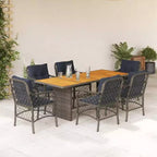 vidaXL Salon de jardin à manger 7 pièces avec coussins - résine tressée, gris et bleu marine, résistant aux intempéries, confortable, nettoyage facile