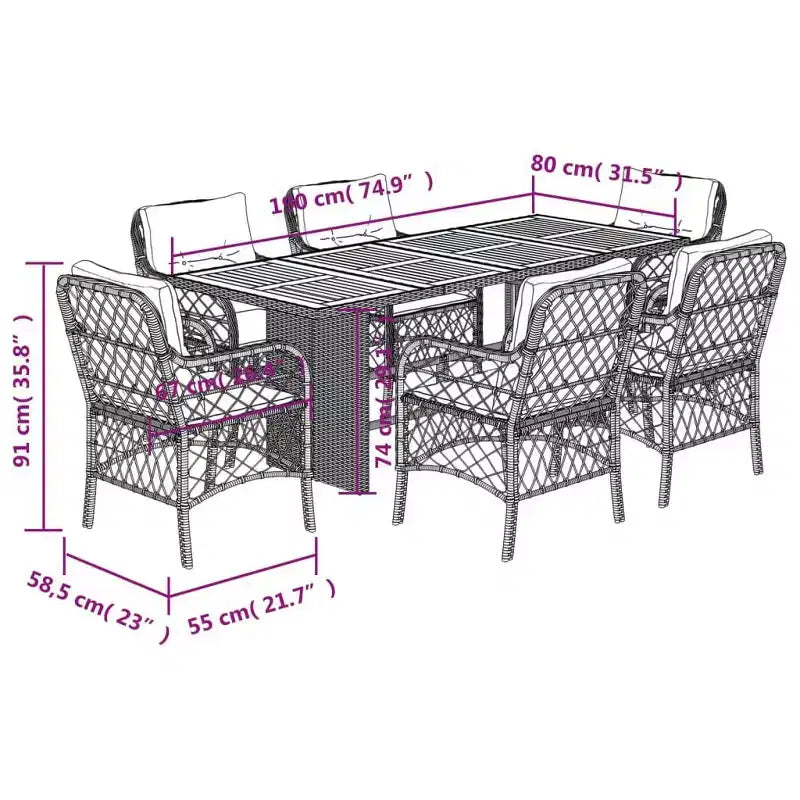 vidaXL Salon de jardin à manger 7 pièces avec coussins - résine tressée, gris et bleu marine, résistant aux intempéries, confortable, nettoyage facile