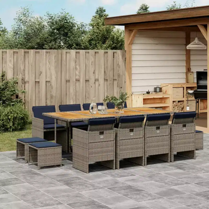 vidaXL Salon de jardin 12 places en polyrotin et bois, gris et bleu marine