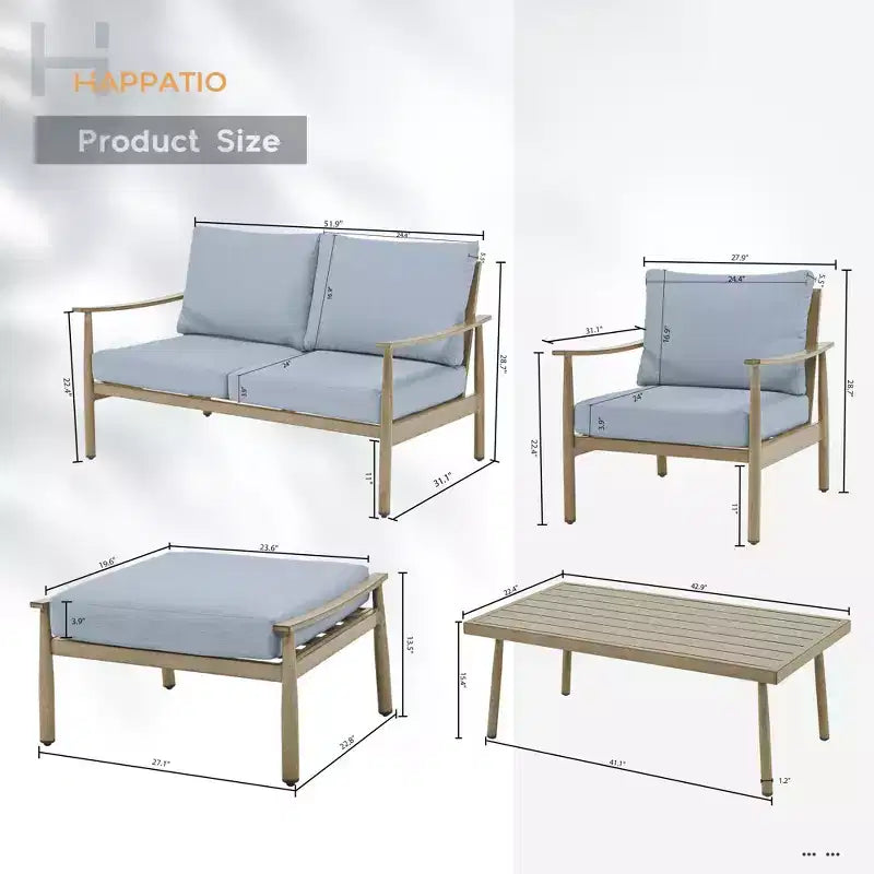 HAPPATIO Salon de jardin 6 pièces en aluminium avec causeuse, fauteuils, table basse et poufs pour jardin et véranda