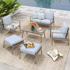 HAPPATIO Salon de jardin 6 pièces en aluminium avec causeuse, fauteuils, table basse et poufs pour jardin et véranda