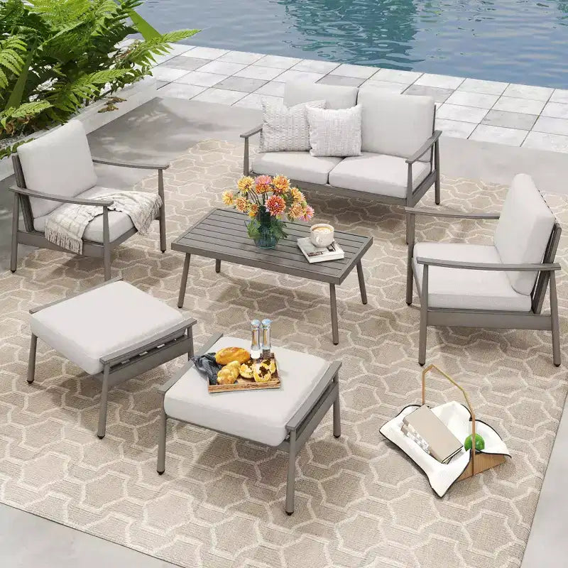 HAPPATIO Salon de jardin 6 pièces en aluminium avec causeuse, fauteuils, table basse et poufs pour jardin et véranda