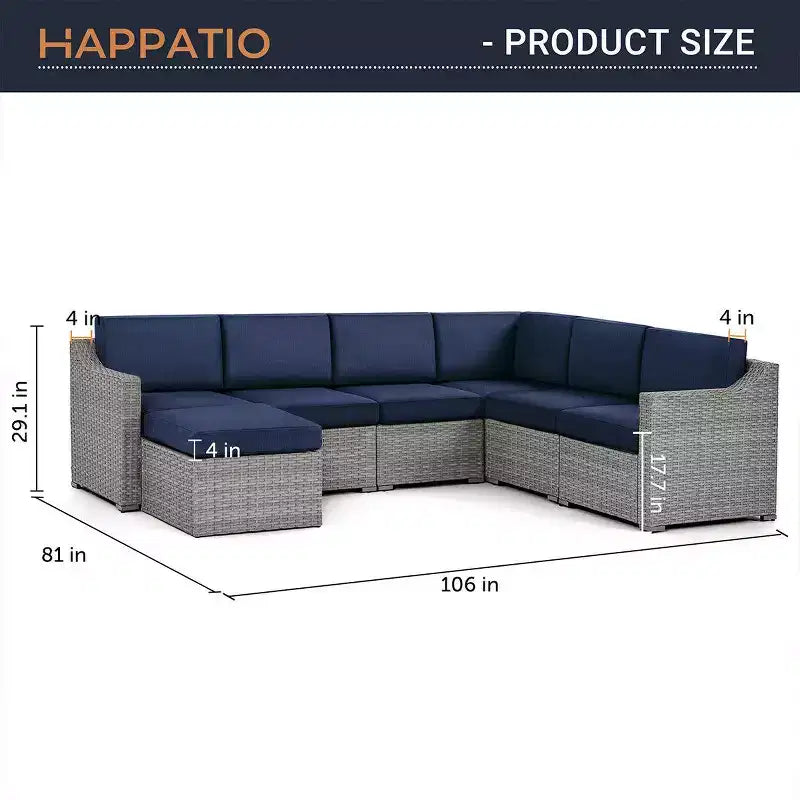 HAPPATIO Ensemble de conversation de terrasse 7 pièces, canapé d'extérieur en osier, ensemble de meubles de terrasse toutes saisons, canapé modulable. Ensemble de section de patio.