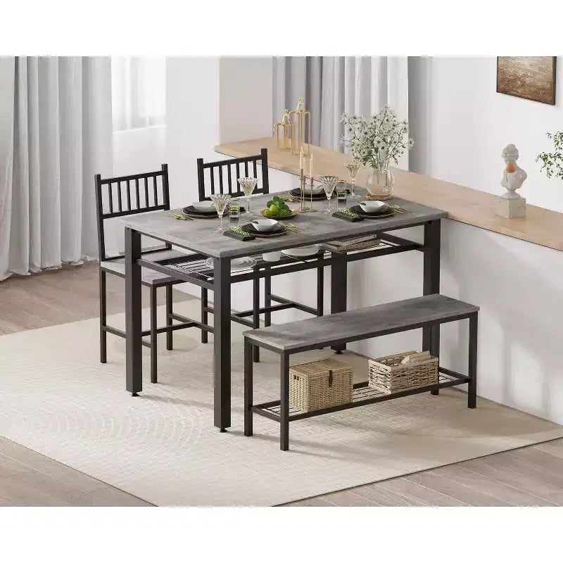 Ensemble table à manger pour 4 personnes, table de cuisine marron avec 2 chaises et un banc, table et banc avec rangement, ensemble de 4 pièces pour petit espace