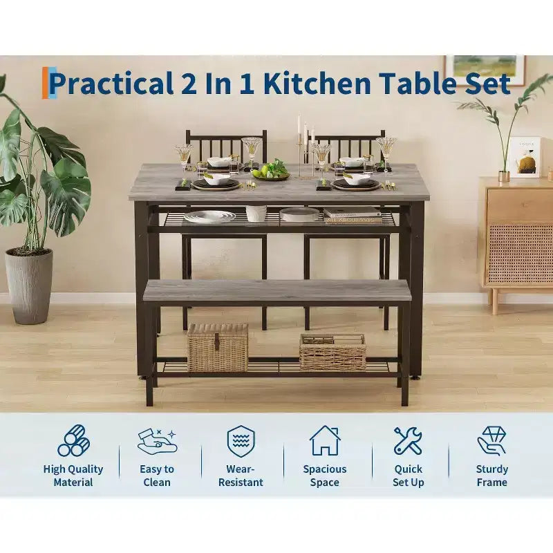 Ensemble table à manger pour 4 personnes, table de cuisine marron avec 2 chaises et un banc, table et banc avec rangement, ensemble de 4 pièces pour petit espace
