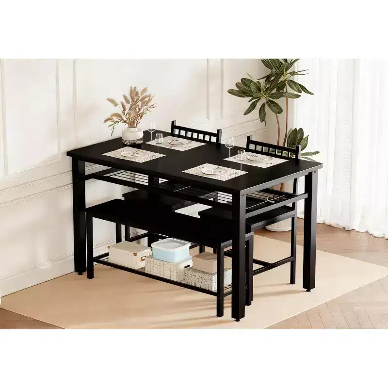 Ensemble table à manger pour 4 personnes, table de cuisine marron avec 2 chaises et un banc, table et banc avec rangement, ensemble de 4 pièces pour petit espace