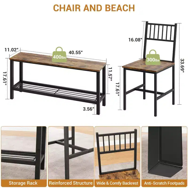 Ensemble table à manger pour 4 personnes, table de cuisine marron avec 2 chaises et un banc, table et banc avec rangement, ensemble de 4 pièces pour petit espace
