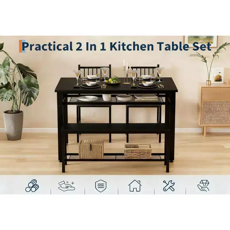 Ensemble table à manger pour 4 personnes, table de cuisine marron avec 2 chaises et un banc, table et banc avec rangement, ensemble de 4 pièces pour petit espace