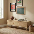 Meuble TV de 180 cm pour téléviseurs jusqu'à 80'', console média de style ferme moderne, meuble de divertissement avec pieds en bois massif, TV pour salon