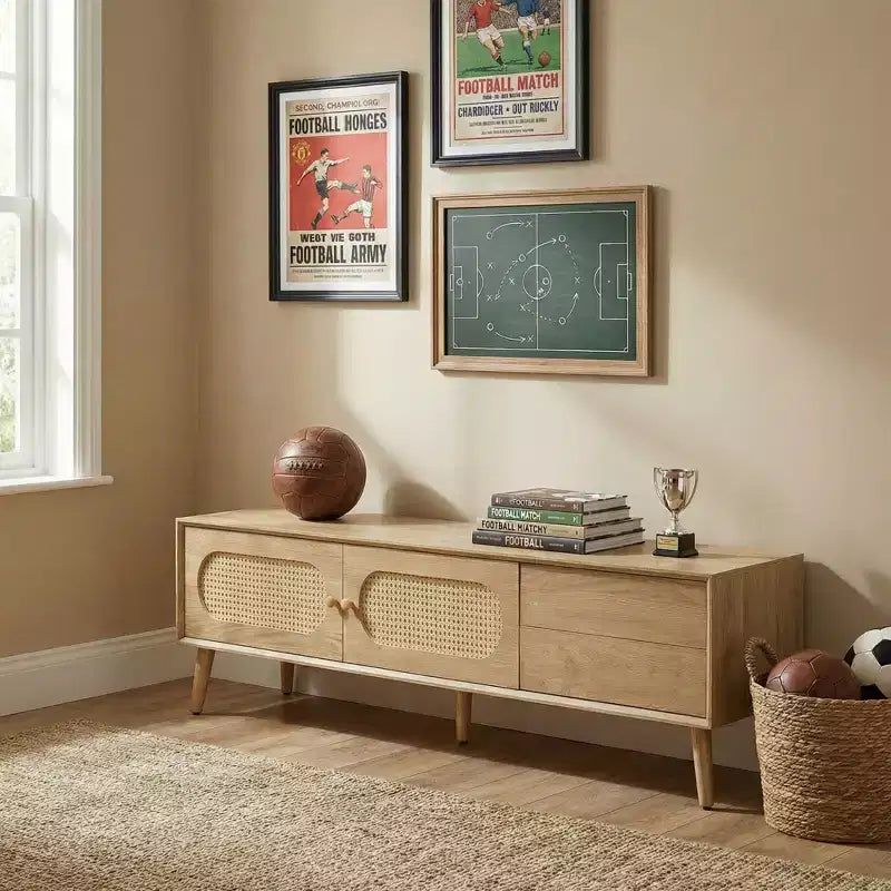 Meuble TV de 180 cm pour téléviseurs jusqu'à 80'', console média de style ferme moderne, meuble de divertissement avec pieds en bois massif, TV pour salon