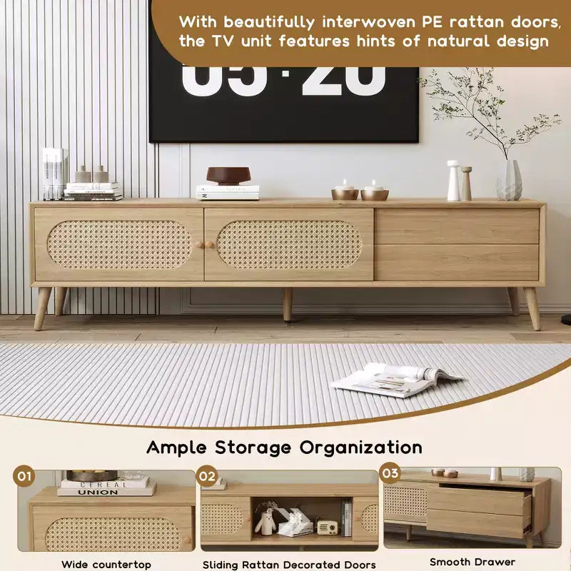 Meuble TV de 180 cm pour téléviseurs jusqu'à 80'', console média de style ferme moderne, meuble de divertissement avec pieds en bois massif, TV pour salon