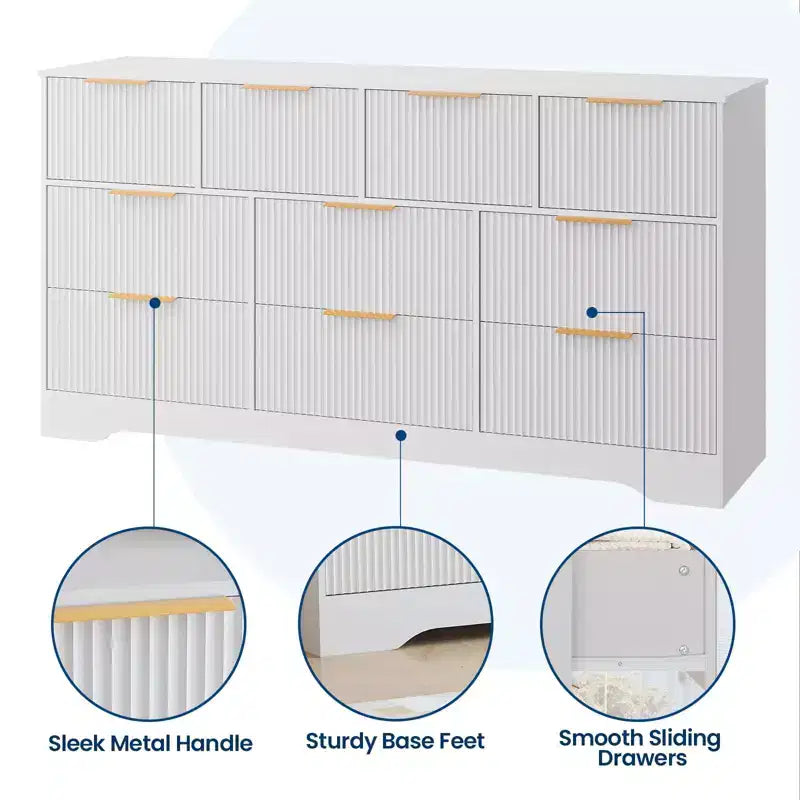 Commode cannelée en bois massif à 10 tiroirs, commode polyvalente moderne de 150 cm avec dispositif anti-basculement