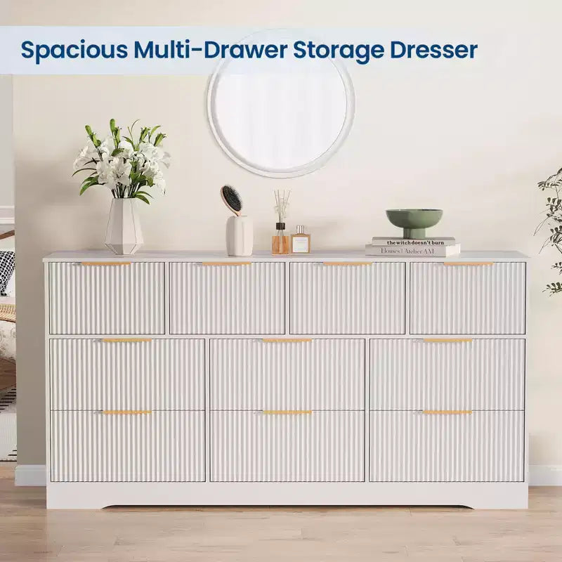 Commode cannelée en bois massif à 10 tiroirs, commode polyvalente moderne de 150 cm avec dispositif anti-basculement