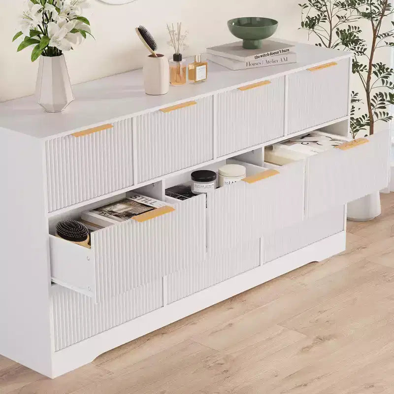 Commode cannelée en bois massif à 10 tiroirs, commode polyvalente moderne de 150 cm avec dispositif anti-basculement