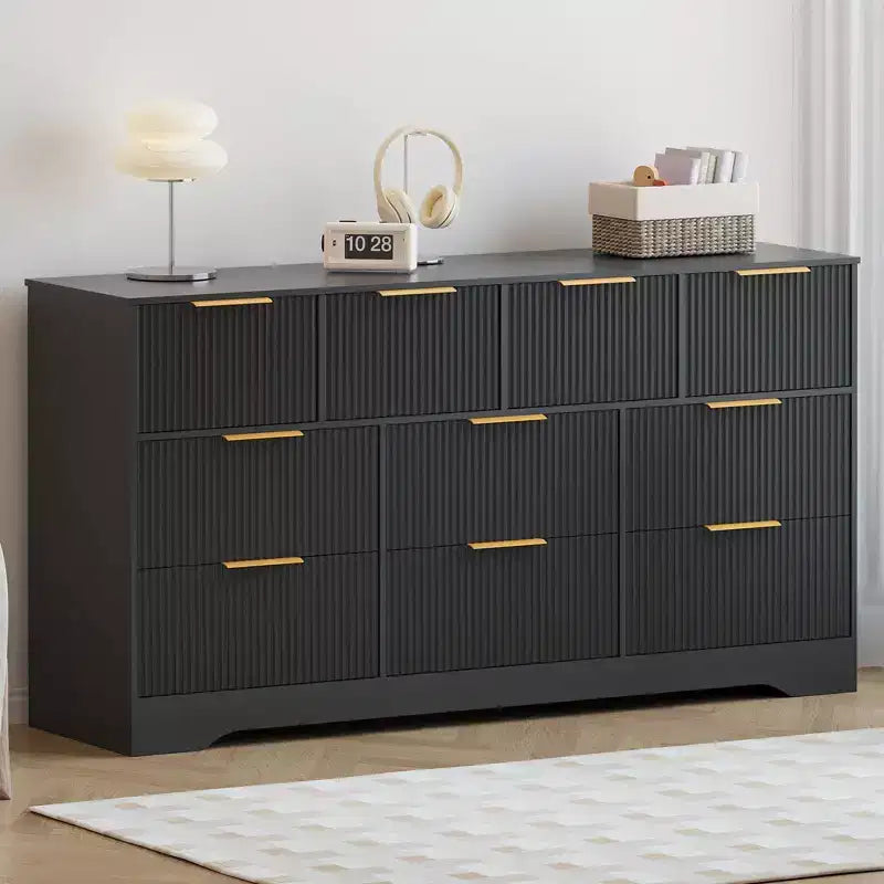 Commode cannelée en bois massif à 10 tiroirs, commode polyvalente moderne de 150 cm avec dispositif anti-basculement