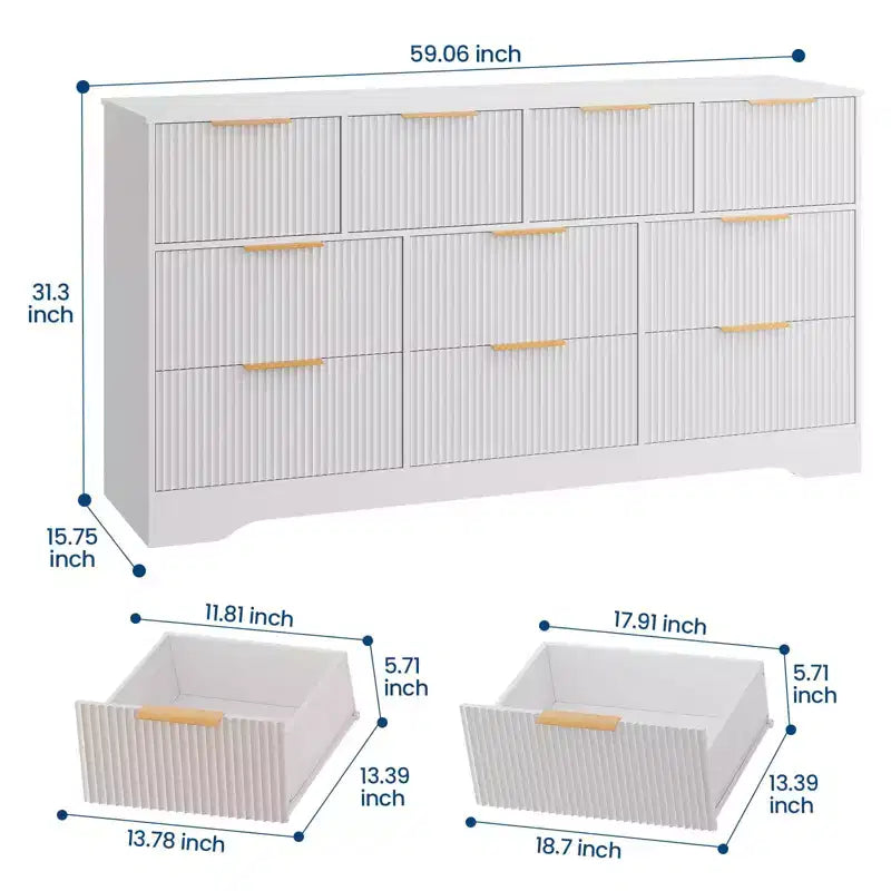 Commode cannelée en bois massif à 10 tiroirs, commode polyvalente moderne de 150 cm avec dispositif anti-basculement