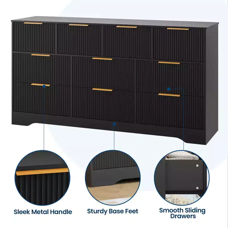 Commode cannelée en bois massif à 10 tiroirs, commode polyvalente moderne de 150 cm avec dispositif anti-basculement