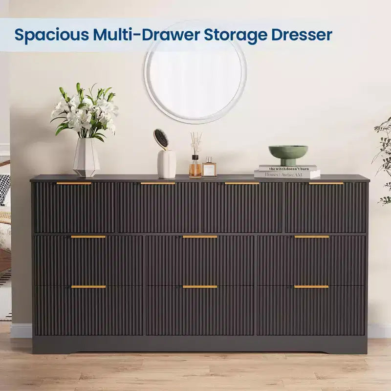 Commode cannelée en bois massif à 10 tiroirs, commode polyvalente moderne de 150 cm avec dispositif anti-basculement