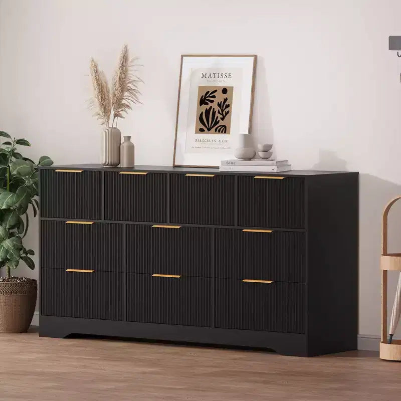 Commode cannelée en bois massif à 10 tiroirs, commode polyvalente moderne de 150 cm avec dispositif anti-basculement