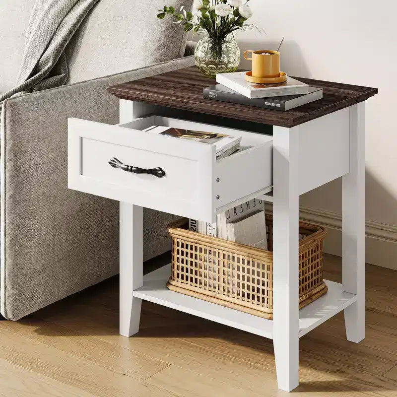 Table de Chevet, Table d'Appoint, Table de Nuit, avec Tiroir et Étagère de Rangement, Table de Chevet en Bois à 2 Niveaux