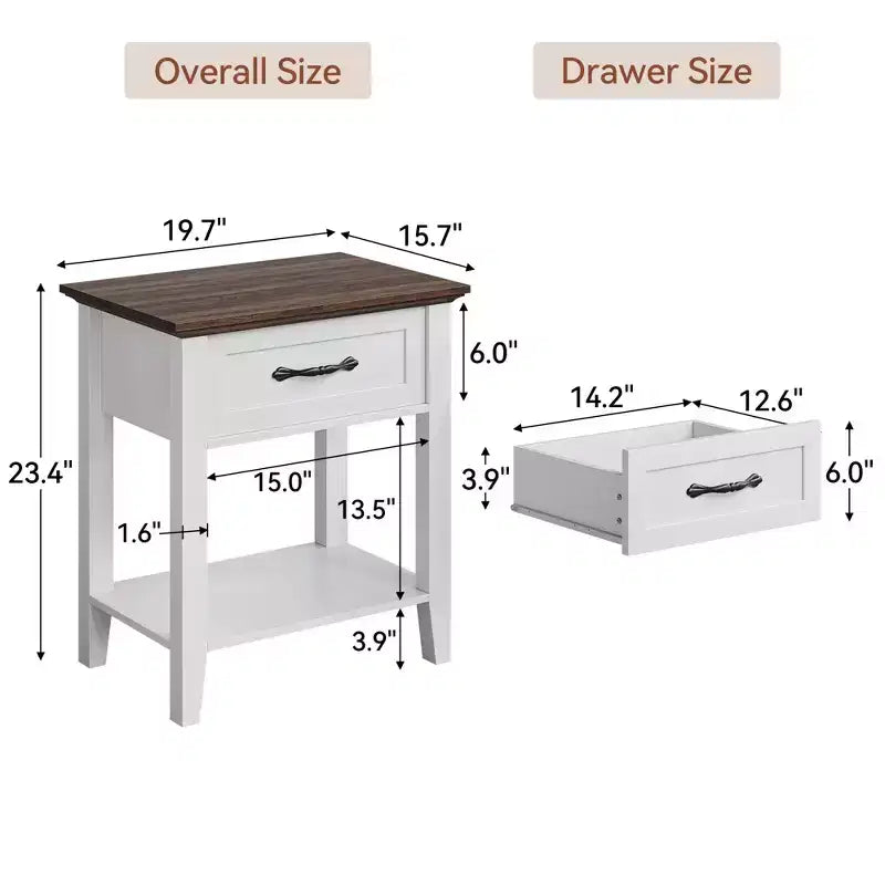 Table de Chevet, Table d'Appoint, Table de Nuit, avec Tiroir et Étagère de Rangement, Table de Chevet en Bois à 2 Niveaux