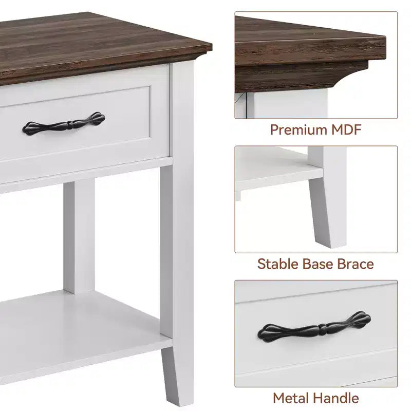 Table de Chevet, Table d'Appoint, Table de Nuit, avec Tiroir et Étagère de Rangement, Table de Chevet en Bois à 2 Niveaux