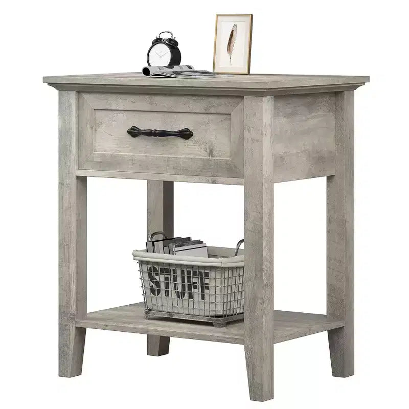 Nightstand End Table Side Table, Drawer and Storage Shelf Wood Bedside Table, 2 Tiers Storage Shelves Bedside Table