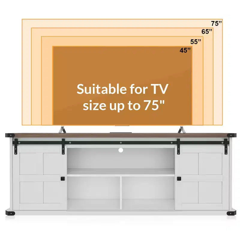 Meuble TV de ferme de 70 pouces pour téléviseurs de 80/75/70 pouces, meuble de rangement avec prises de courant et porte coulissante, meuble TV rustique, meuble multimédia