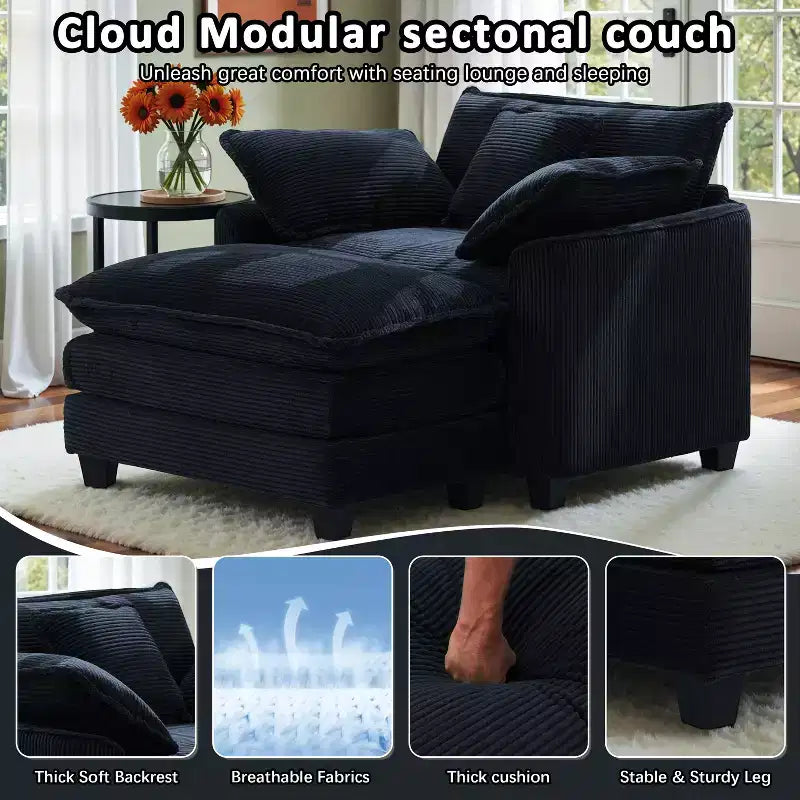 EHMKNP Fauteuil canapé Cloud confortable de 101 cm de large - Ensemble fauteuil et ottoman surdimensionnés en velours côtelé, rembourrage moelleux et assise extra-profonde pour les petits salons