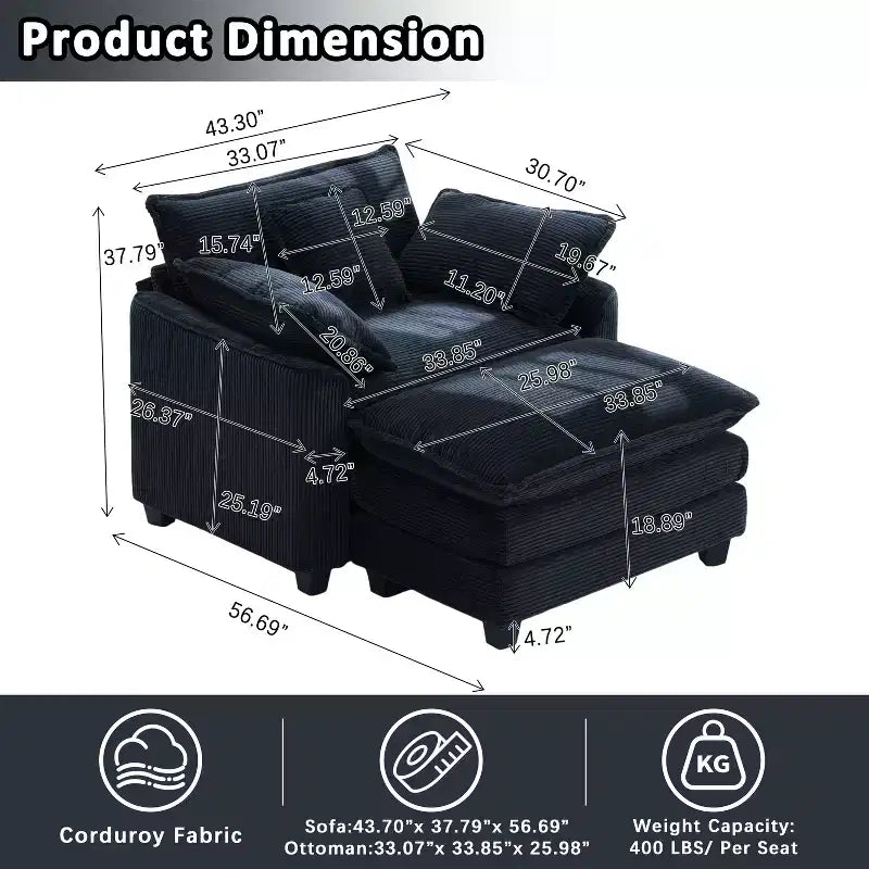 EHMKNP Fauteuil canapé Cloud confortable de 101 cm de large - Ensemble fauteuil et ottoman surdimensionnés en velours côtelé, rembourrage moelleux et assise extra-profonde pour les petits salons