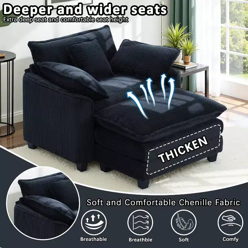 EHMKNP Fauteuil canapé Cloud confortable de 101 cm de large - Ensemble fauteuil et ottoman surdimensionnés en velours côtelé, rembourrage moelleux et assise extra-profonde pour les petits salons