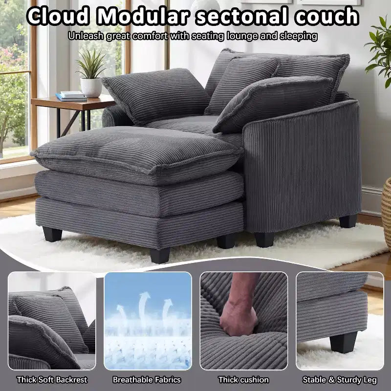 EHMKNP Fauteuil canapé Cloud confortable de 101 cm de large - Ensemble fauteuil et ottoman surdimensionnés en velours côtelé, rembourrage moelleux et assise extra-profonde pour les petits salons