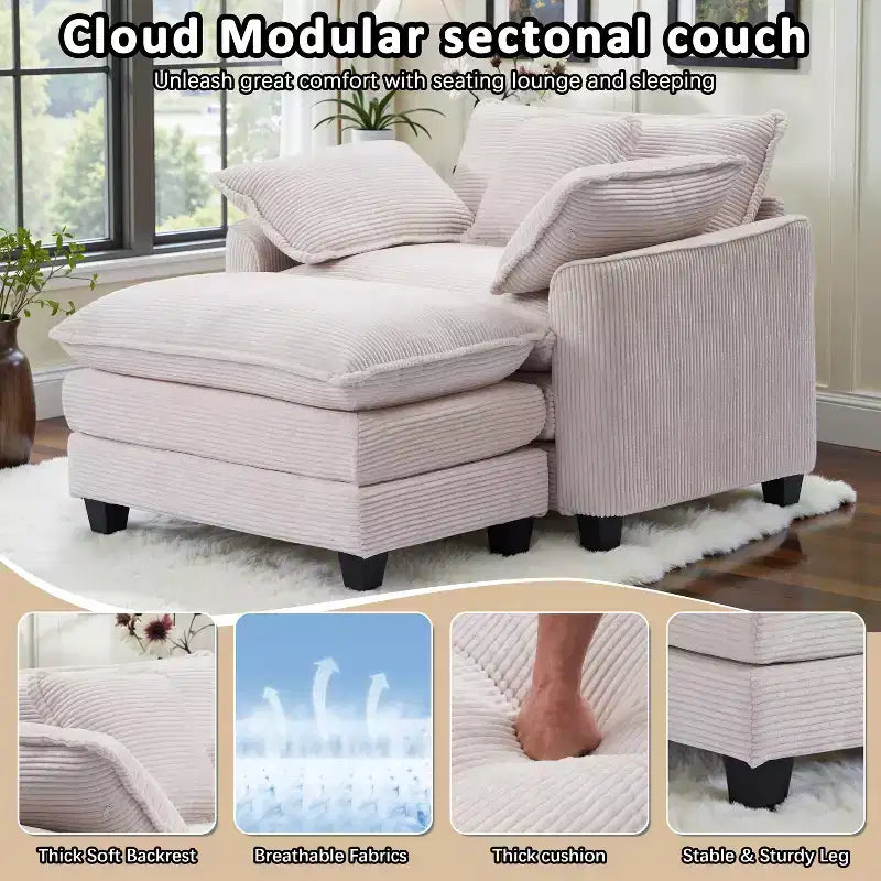 EHMKNP Fauteuil canapé Cloud confortable de 101 cm de large - Ensemble fauteuil et ottoman surdimensionnés en velours côtelé, rembourrage moelleux et assise extra-profonde pour les petits salons
