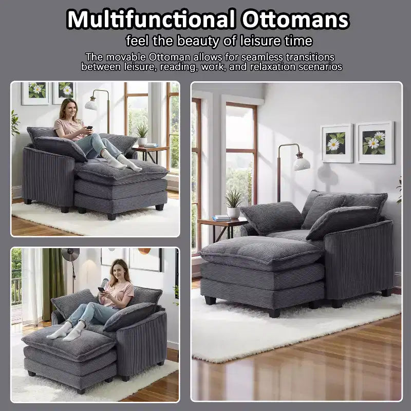 EHMKNP Fauteuil canapé Cloud confortable de 101 cm de large - Ensemble fauteuil et ottoman surdimensionnés en velours côtelé, rembourrage moelleux et assise extra-profonde pour les petits salons