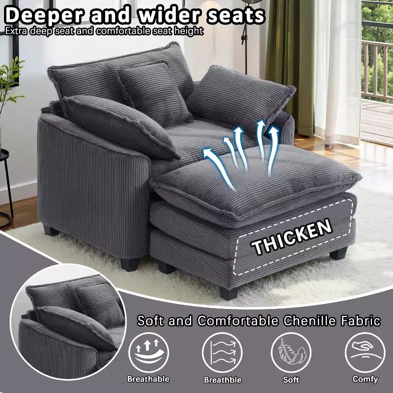 EHMKNP Fauteuil canapé Cloud confortable de 101 cm de large - Ensemble fauteuil et ottoman surdimensionnés en velours côtelé, rembourrage moelleux et assise extra-profonde pour les petits salons