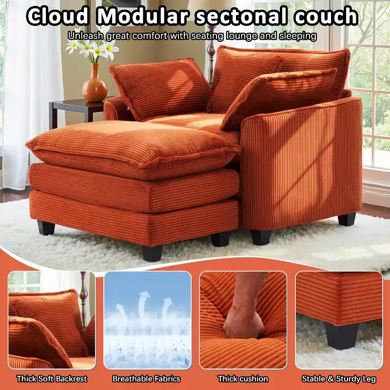EHMKNP Fauteuil canapé Cloud confortable de 101 cm de large - Ensemble fauteuil et ottoman surdimensionnés en velours côtelé, rembourrage moelleux et assise extra-profonde pour les petits salons