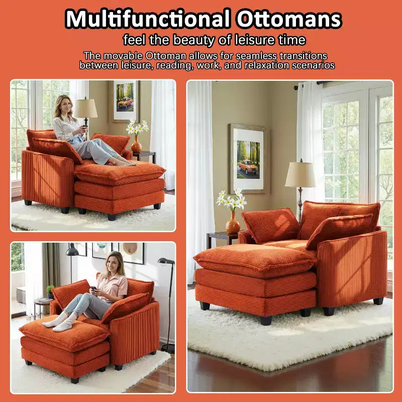 EHMKNP Fauteuil canapé Cloud confortable de 101 cm de large - Ensemble fauteuil et ottoman surdimensionnés en velours côtelé, rembourrage moelleux et assise extra-profonde pour les petits salons