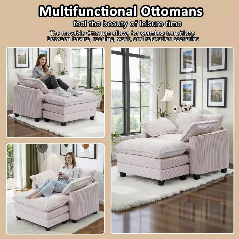 EHMKNP Fauteuil canapé Cloud confortable de 101 cm de large - Ensemble fauteuil et ottoman surdimensionnés en velours côtelé, rembourrage moelleux et assise extra-profonde pour les petits salons
