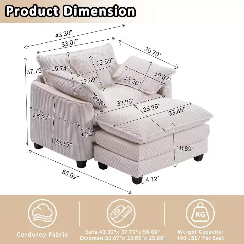 EHMKNP Fauteuil canapé Cloud confortable de 101 cm de large - Ensemble fauteuil et ottoman surdimensionnés en velours côtelé, rembourrage moelleux et assise extra-profonde pour les petits salons