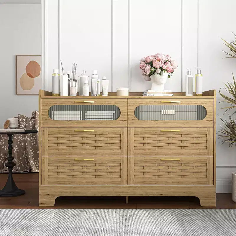 Commode de chambre à 6 tiroirs, commode double avec station de charge, commode en rotin, commode haute avec tiroirs