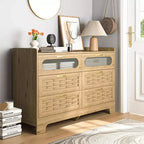 Commode de chambre à 6 tiroirs, commode double avec station de charge, commode en rotin, commode haute avec tiroirs