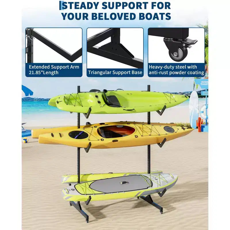 Support de rangement autoportant pour 2 à 6 kayaks – Support de kayak robuste en acier avec roues mobiles et sangles de suspension pour une utilisation en extérieur (choisir la taille, noir)