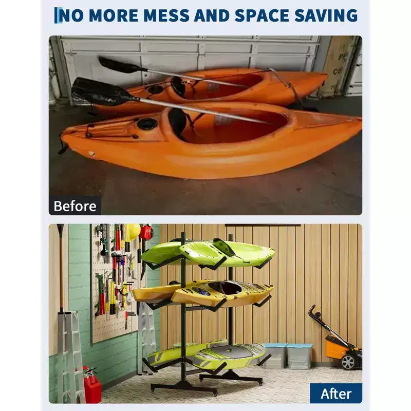 Support de rangement autoportant pour 2 à 6 kayaks – Support de kayak robuste en acier avec roues mobiles et sangles de suspension pour une utilisation en extérieur (choisir la taille, noir)