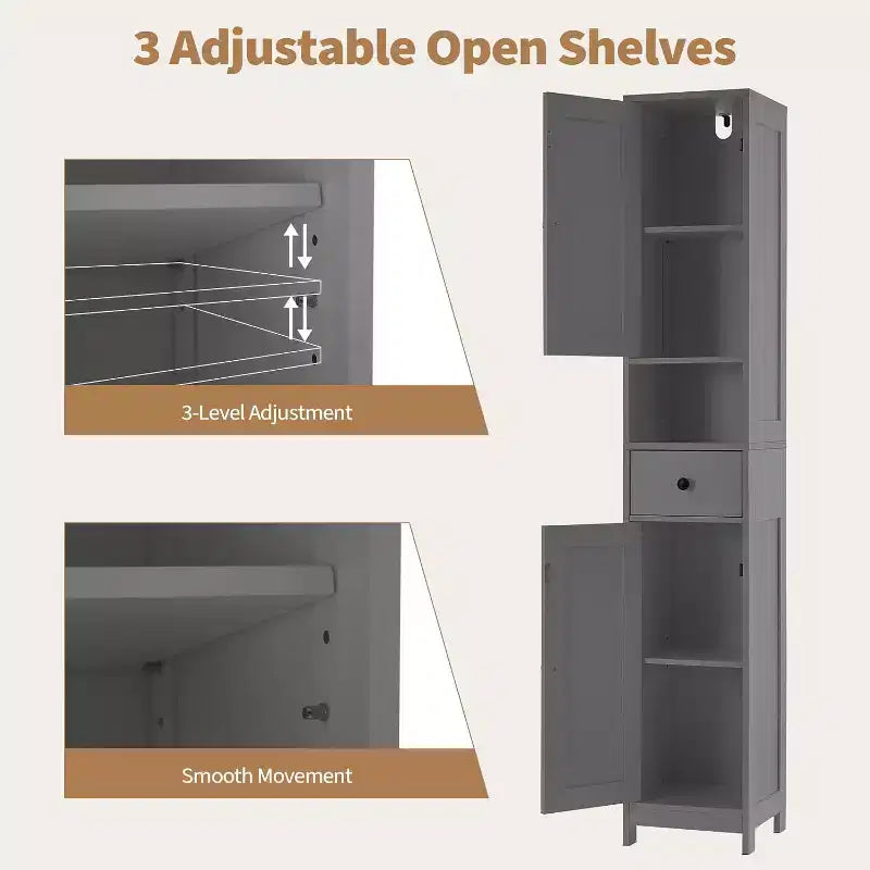 Meuble de Rangement Salle de Bain 170 cm avec 2 Étagères Réglables et 1 Tiroir, Armoire de Rangement Autonome pour Petits Espaces, Salle de Bain, Cuisine et Couloir