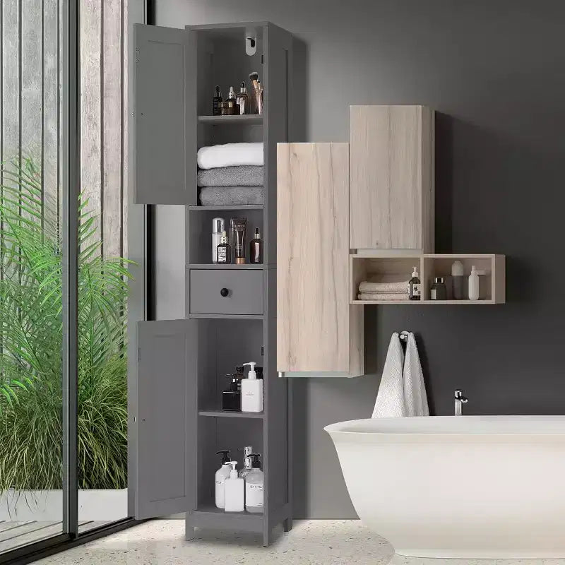 Meuble de Rangement Salle de Bain 170 cm avec 2 Étagères Réglables et 1 Tiroir, Armoire de Rangement Autonome pour Petits Espaces, Salle de Bain, Cuisine et Couloir