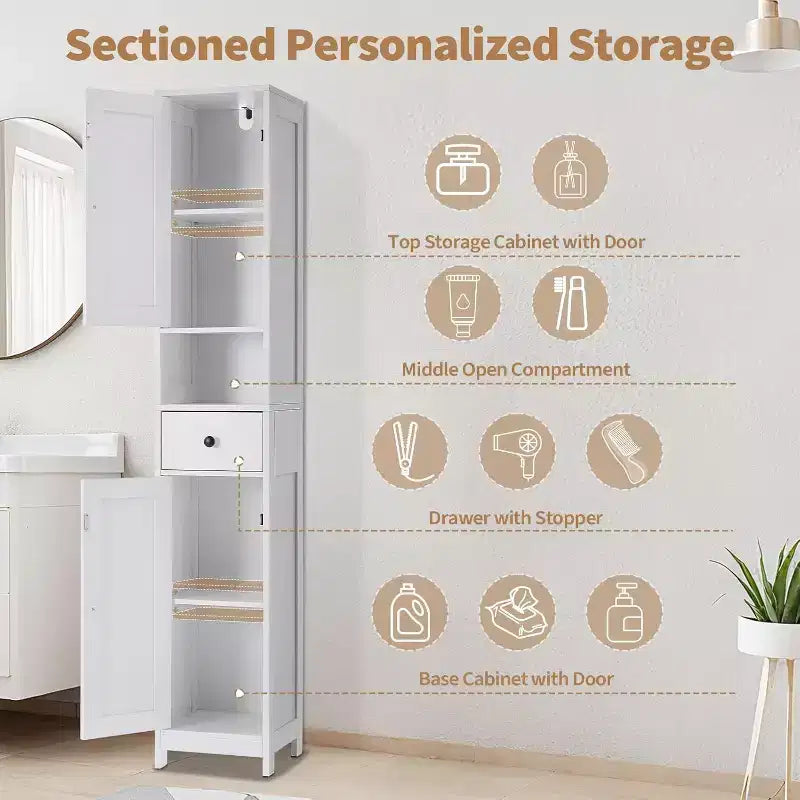 Meuble de Rangement Salle de Bain 170 cm avec 2 Étagères Réglables et 1 Tiroir, Armoire de Rangement Autonome pour Petits Espaces, Salle de Bain, Cuisine et Couloir