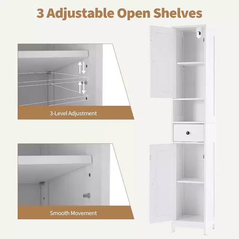 Meuble de Rangement Salle de Bain 170 cm avec 2 Étagères Réglables et 1 Tiroir, Armoire de Rangement Autonome pour Petits Espaces, Salle de Bain, Cuisine et Couloir