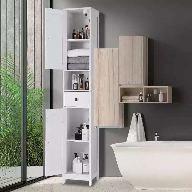 Meuble de Rangement Salle de Bain 170 cm avec 2 Étagères Réglables et 1 Tiroir, Armoire de Rangement Autonome pour Petits Espaces, Salle de Bain, Cuisine et Couloir